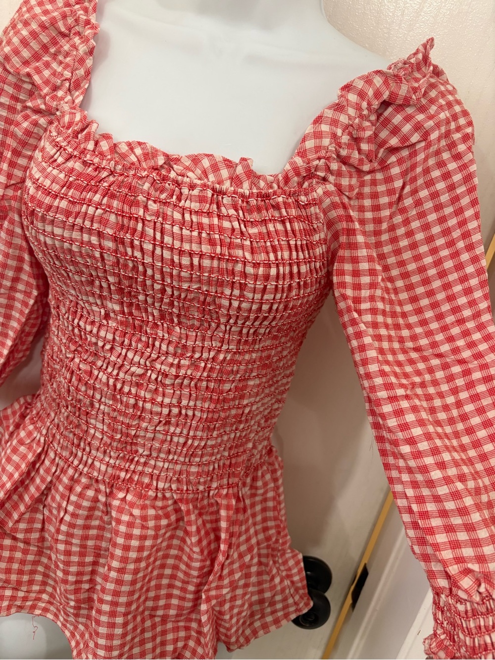 Nicole miller Western country peasant picnic Smocked Red Gingham Peplum Top - Picture 6 of 7
